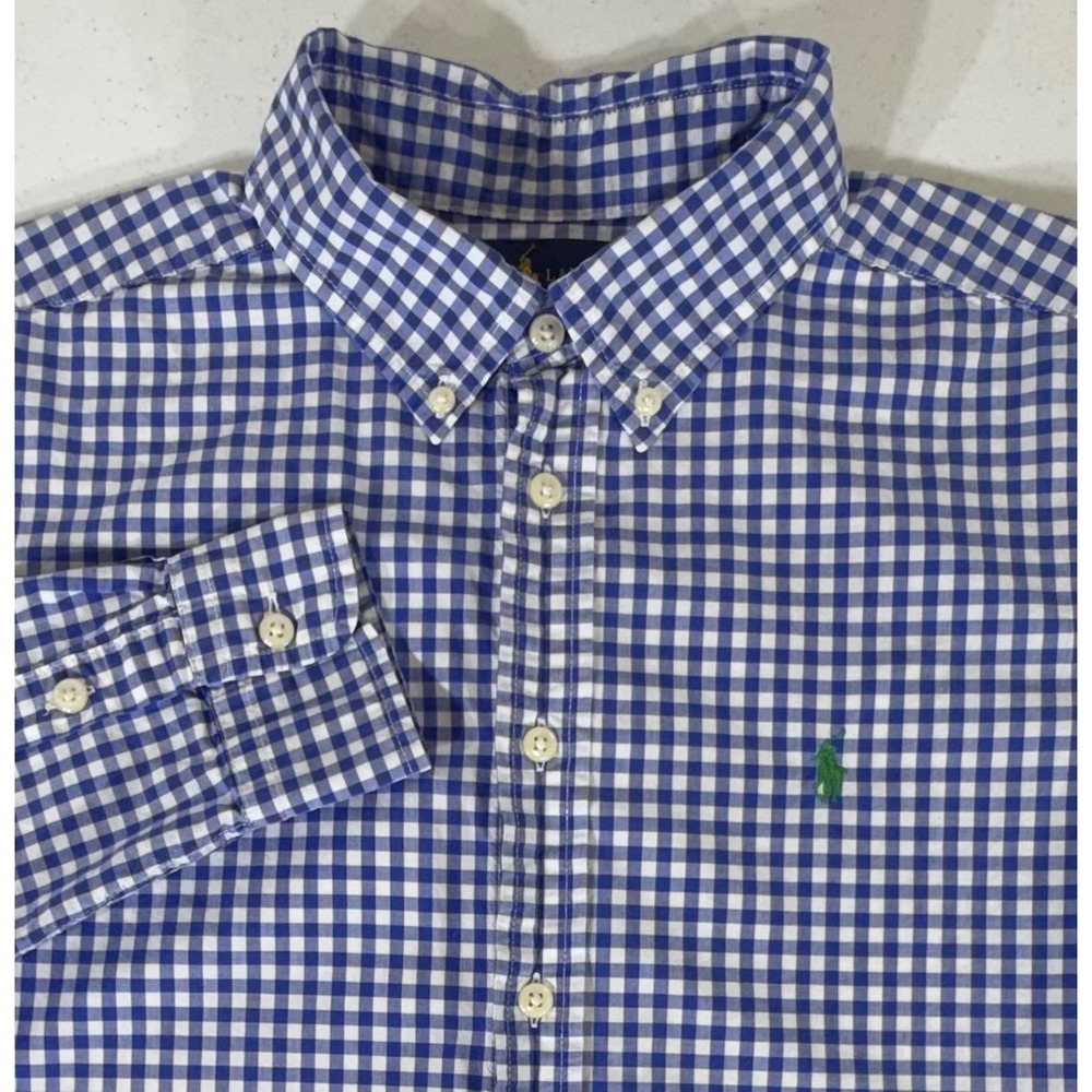 Ralph Lauren Boys Button Down Shirt Large 14-16 Blue Checkered Preppy Ivy League
